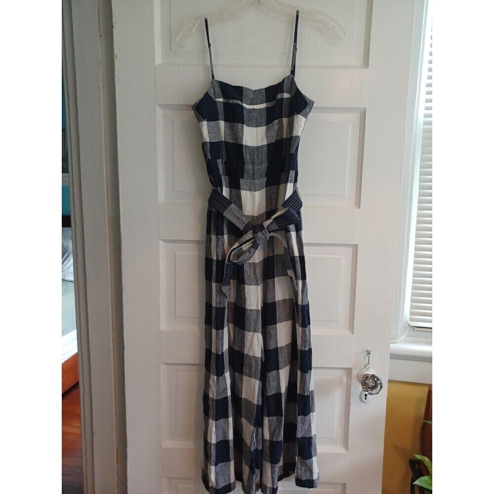 J. Crew navy gingham linen wide leg jumpsuit Beauchamps XS strappy preppy party